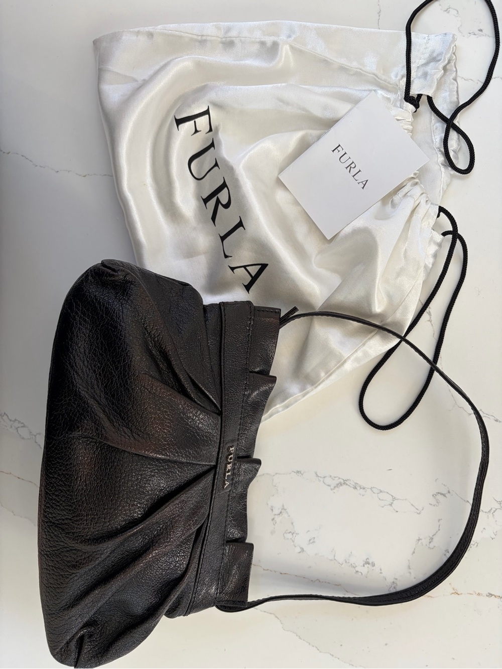 Furla Made in Italy Black Leather Ruched Shoulder Bag – Y2K Vintage + Dust Bag
